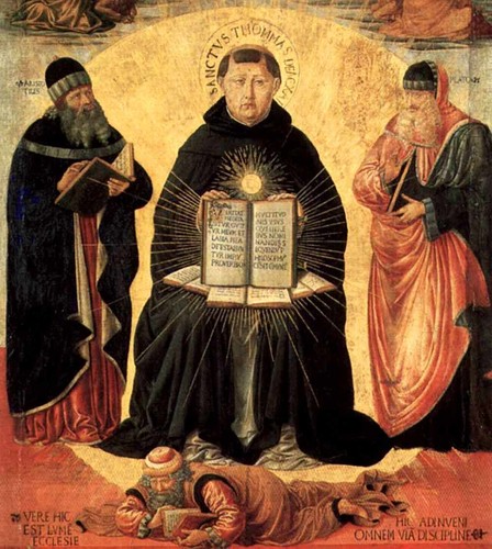 São Tomás de Aquino, apoiado em Platão e Aristóteles, esmaga Averroes, 'sábio' maometano São Tomás de Aquino, apoiado em Platão e Aristóteles, esmaga Averroes, 'sábio' maometano