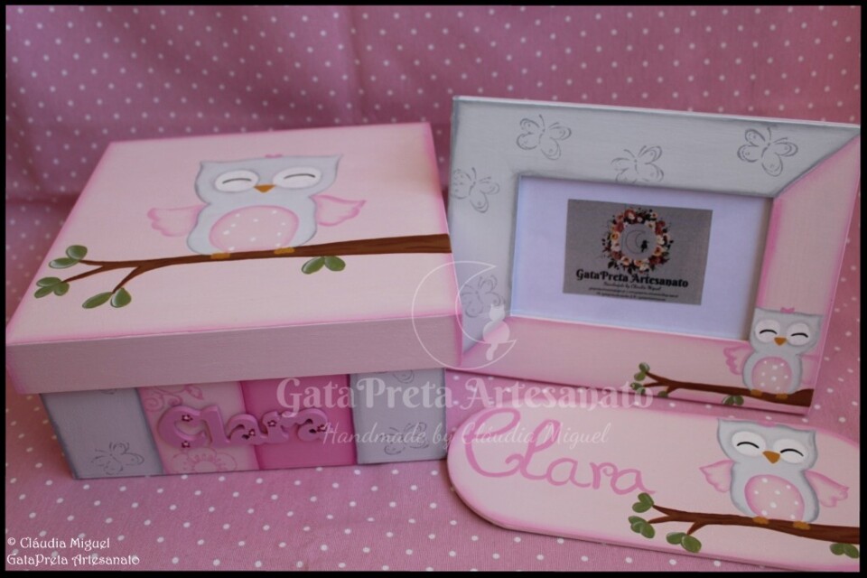 Caixa de recordações, moldura e placa Baby Owl1.