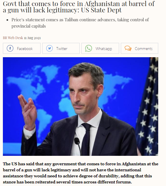 Govt that comes to force in Afghanistan at barrel of a gun will lack legitimacy: US State Dept