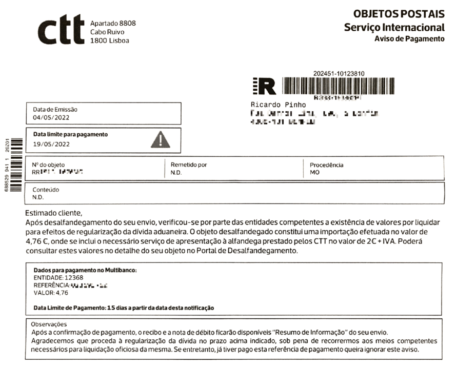 CTT Aviso de pagamento abusivo sobre serviço concluído
