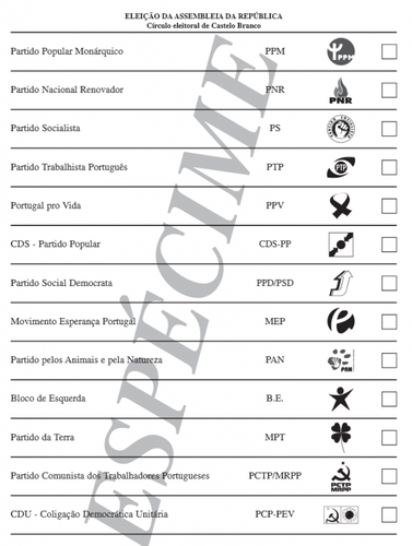 Boletim de voto - eleições legislativas 2011