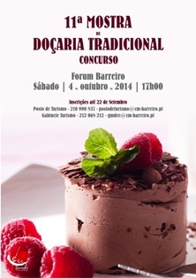 Entrada livre   Cinco chefes avaliam as 45 iguarias inscritas na Mostra de Doçaria Tradicional – Concurso sábado, 4 de outubro, a partir das 17h00   O Júri da Mostra de Doçaria Tradicional / Concurso, promovida pela Câmara Municipal do Barreiro (CMB), a 4 de outubro, será constituído pelos chefes Irene Pimenta, Emídio Rosa, Joana Faísca, Maria Gordo e Nelson Felix. A iniciativa, com 45 iguarias a Concurso, terá lugar, no centro comercial Forum Barreiro, sábado, dia 4 de outubro, a partir das 17h00.   O concurso, na sua 11ª edição, está dividido em três especialidades: 1 – Doces de colher (com oito inscritos); 2 – Bolos (29); 3 – Fritos (8).   No local, entre as 17h00 e as 19h00, haverá um espaço de exposição e venda, com 17 bancas, onde os visitantes poderão adquirir doces.   Convite à Comunicação Social   A CMB convida o Vosso Órgão de Comunicação Social a acompanhar esta iniciativa, sábado, 4 de outubro, a partir das 17h00, no Forum Barreiro. Agradecemos a confirmação da presença até às 12h30 de sexta-feira, dia 3, através do número de telemóvel da Divisão do Projeto Municipal de Participação, Democracia, Cidadania e Comunicação, 91 105 6130.   A reprodução textual da informação implica a referência da sua autoria: CMB     CMB 2014-09-29