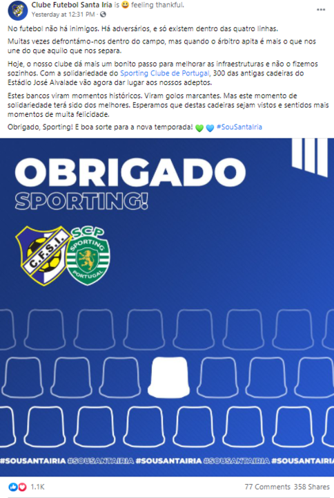 Santa Iria agradece cadeiras ao Sporting - Camarote Leonino