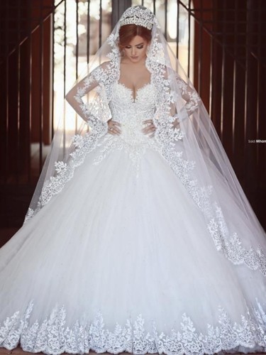 Glamorous Ball Gown V-neck Tulle Appliques Lace Chapel Train Long Sleeve Wedding Dresses