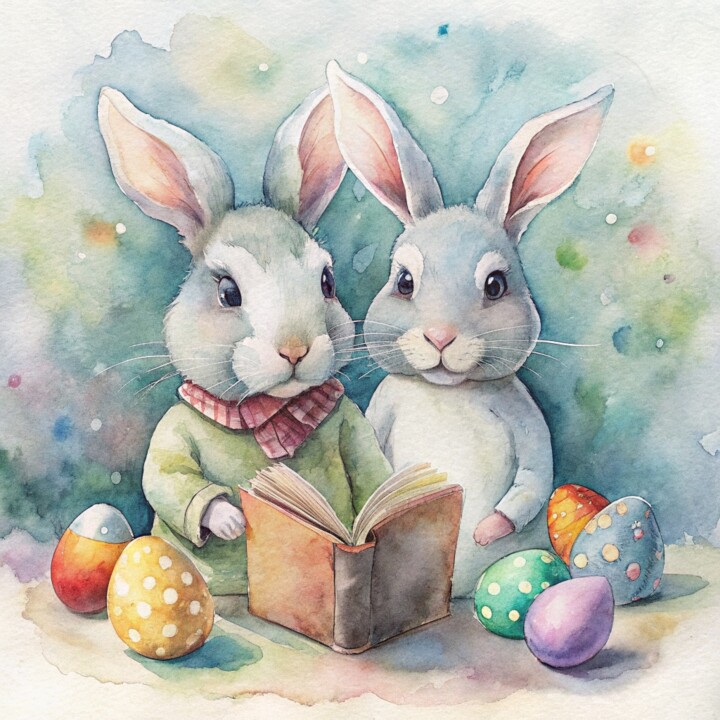 coelhos-da-p-scoa-a-ler-livros--rodeados-de-ovos-d