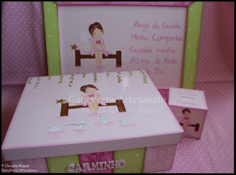 Caixa grande batizado, mealheiro e quadro Fada do 