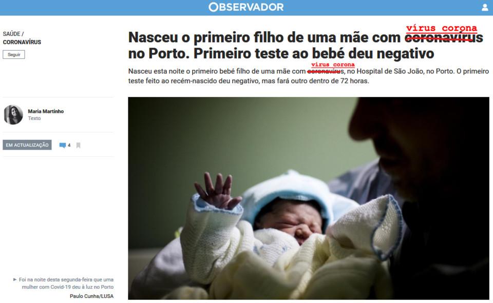 Maria Martinho, «Nasceu o primeiro filho de uma mãe com coronavírus no Porto. Primeiro teste ao bebé deu negativo», in Observador, 17/III/20