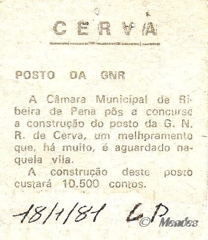 Vila de Cerva - Posto da GNR - In: Jornal "O Comercio do Porto" 1981.