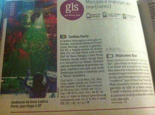Lesboa Party [brazilian tour] em destaque no Guia GLS da Folha de São Paulo