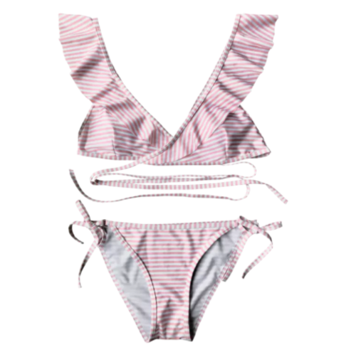 Striped Ruffles Strap Wrap String Bikini Set.png