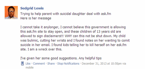 Pedido de ajuda feito pelo meu amigo Sedgrid Lewis no grupo Social Networking Safety, no Facebook, na noite de passagem de ano