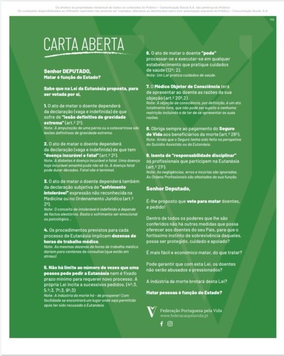 Carta-aberta aos deputados anúncio no Público de