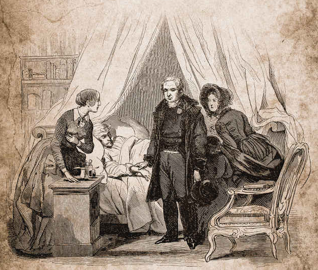 Cuidados com paciente vítima de epidemia em 1858.