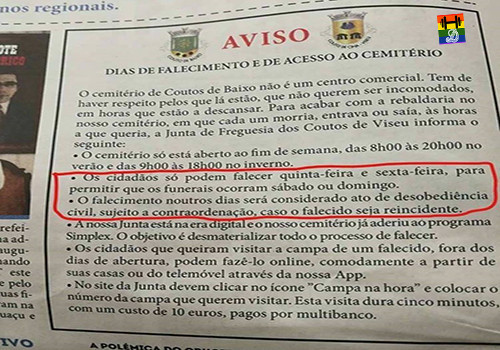 HD Falecimentos apenas são permitidos à quinta e