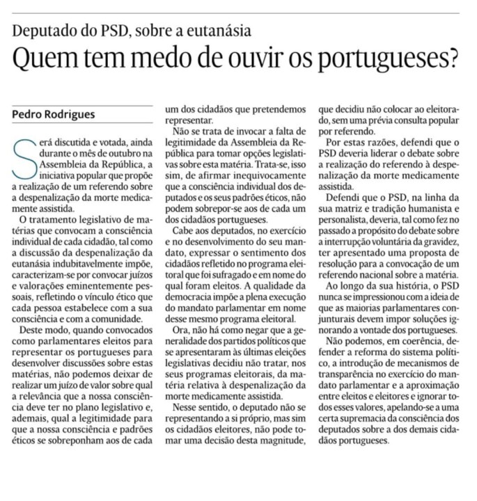 Deputado PSD sobre eutanásia Quem tem medo de ouv