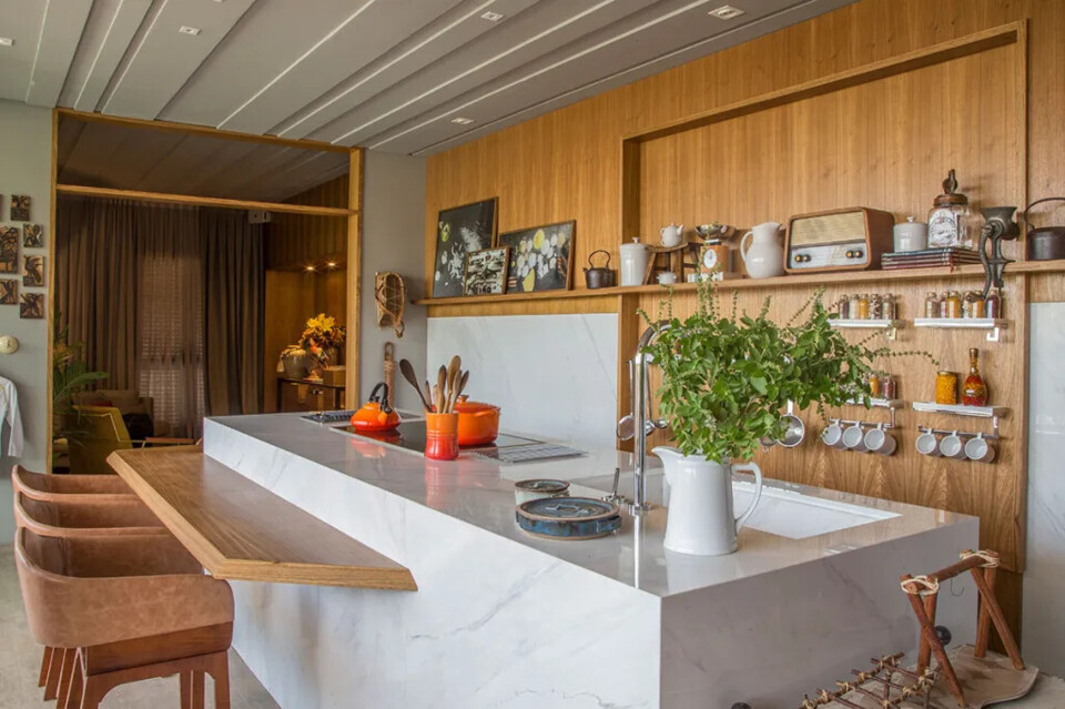 ilha central de cozinha em mármore