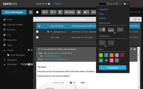 SAPO Mail: tema escuro