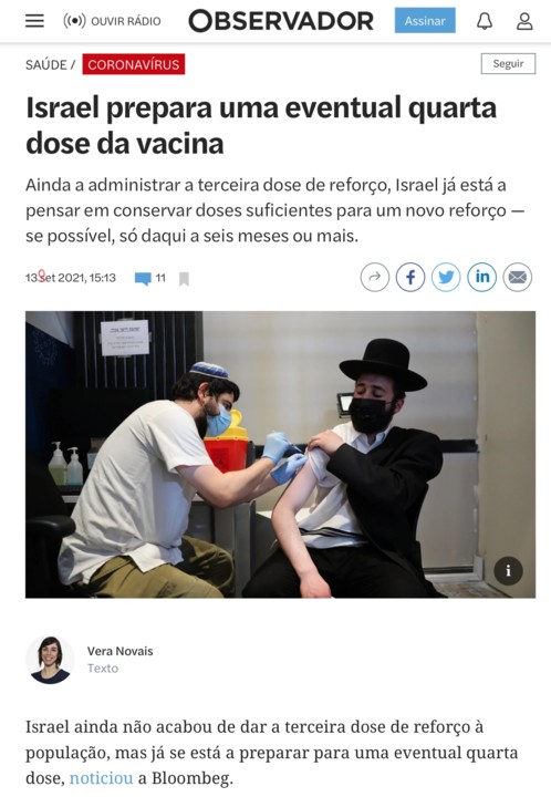 Vera Novaes, «Israel prepara eventual quarta vacina», in Observidor (isso mesmo), 13/IX/21