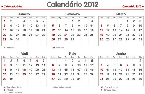 calendário 2012