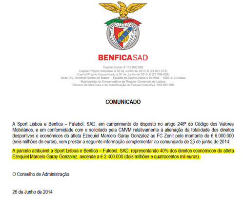 Benfica comunicado