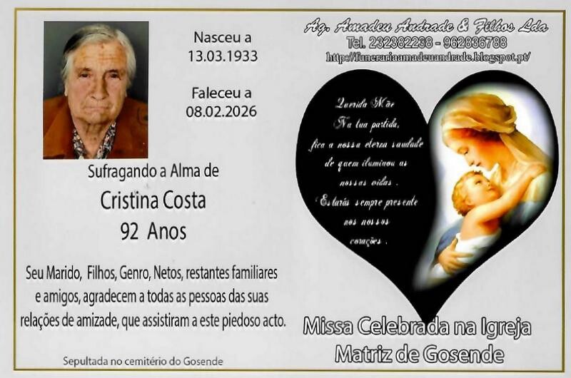 CARTÃO1 DE CONDOLÊNCIAS DE CRISTINA COSTA -92 AN