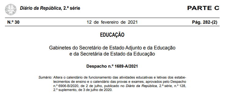 Despacho que altera o calendário escolar de 2020.