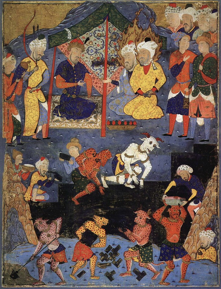 Dhu al-Qarnayn building a wall with the help of jinn to keep away Gog and Magog.Dhu al-Qarnayn building a wall with the help of ji