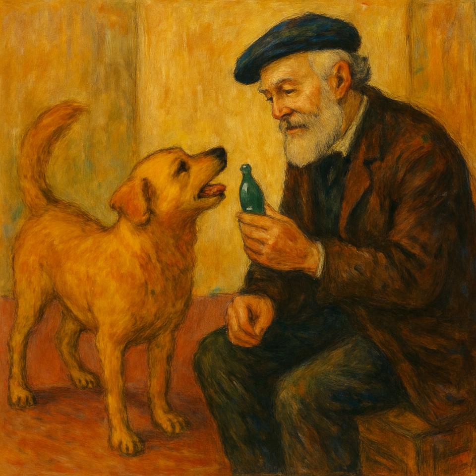 "Homem idoso e cão em seu interior" - inspirada em Toulouse Lautrec.