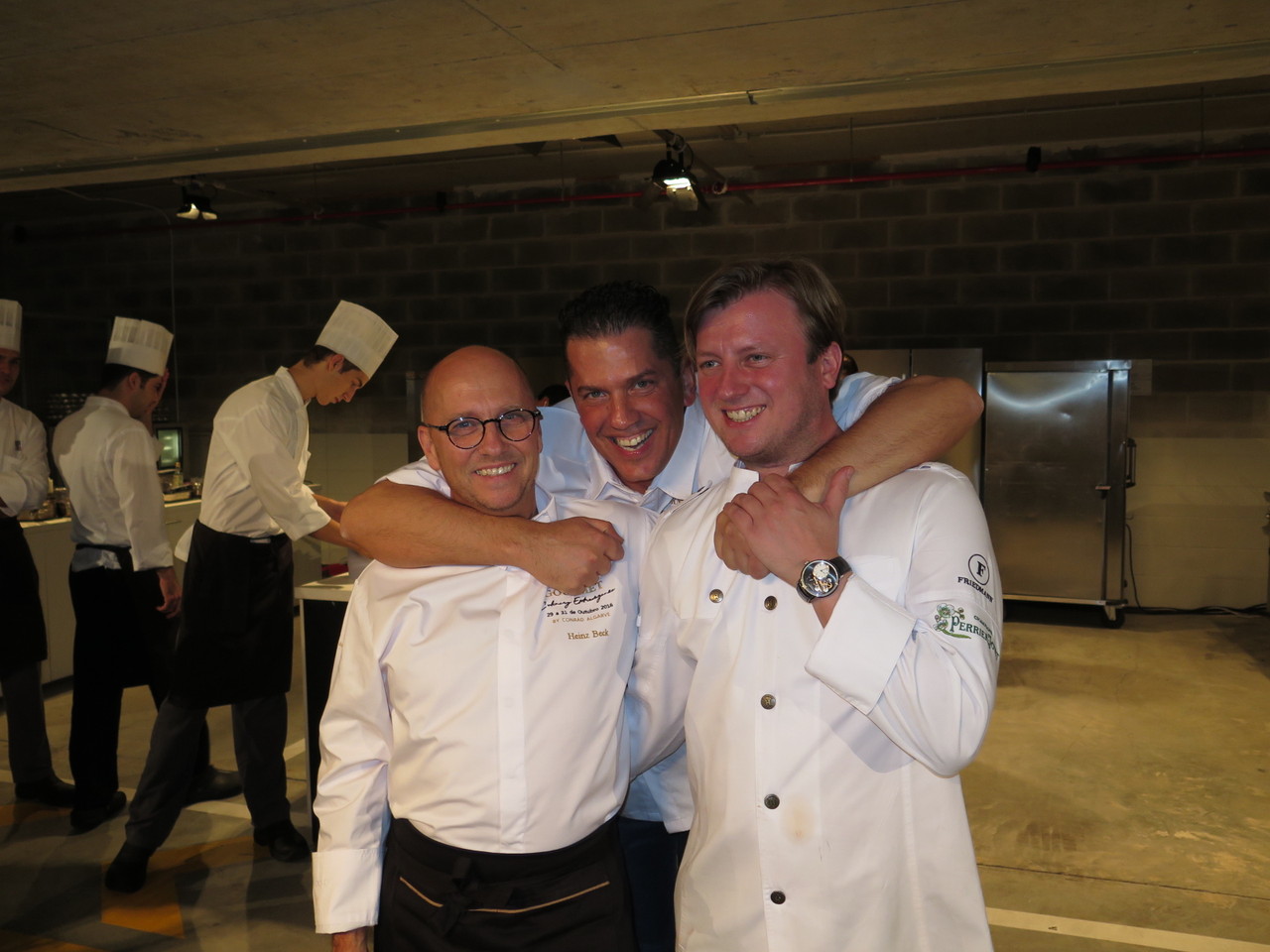 A boa disposição dos 3 chefs 3*** Michelin do Gourmet Culinary Gourmet Extravaganza: Heinz Beck, Jacob Jan Boerma e Kevin Fehling