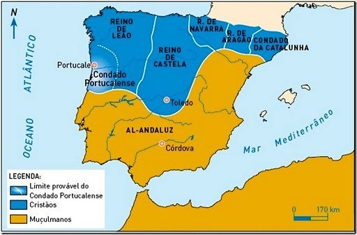 Mapa da Espanha e Portugal mostrando as divisões políticas no país