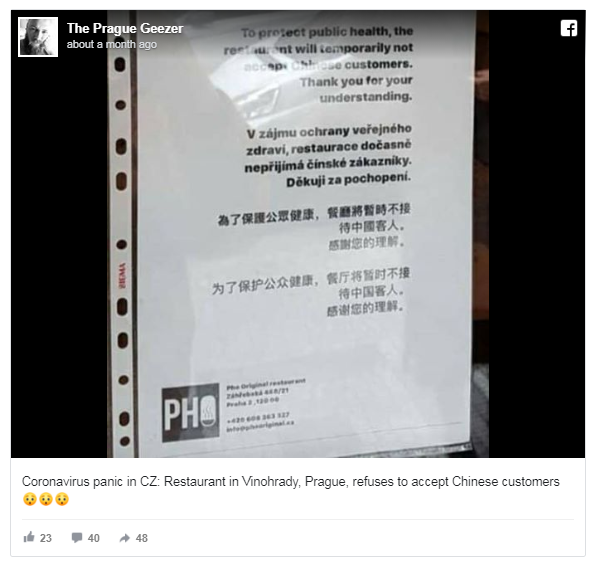 Chinese banned from Prague Vietnamese restaurant to “protect public health”