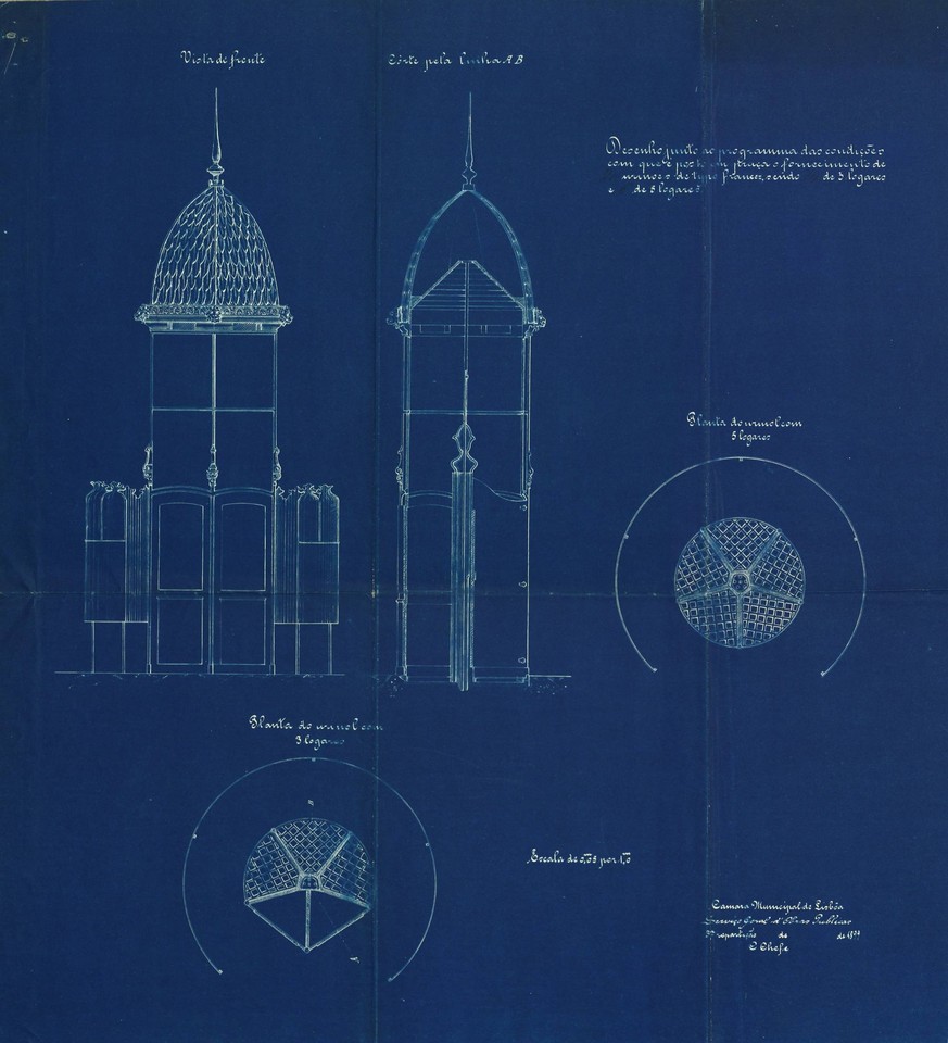 Planta e desenho de um urinol tipo francês, 1899,
