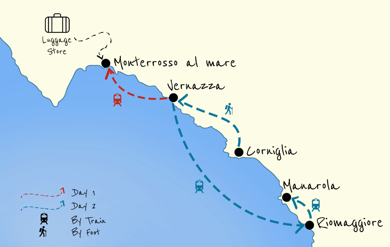 Cinque terre map - five towns circuit in two days, Italy - The2planners