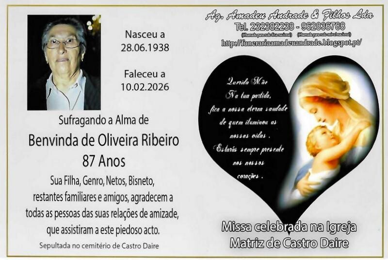 CARTÃO DE CONDOLÊNCIAS DE BENVINDA DE OLIVEIRA