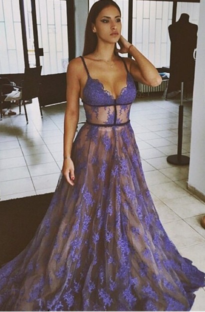 Purple Lace Prom Dresses Spaghettis Straps Nude Lining Long Sexy Evening Gowns