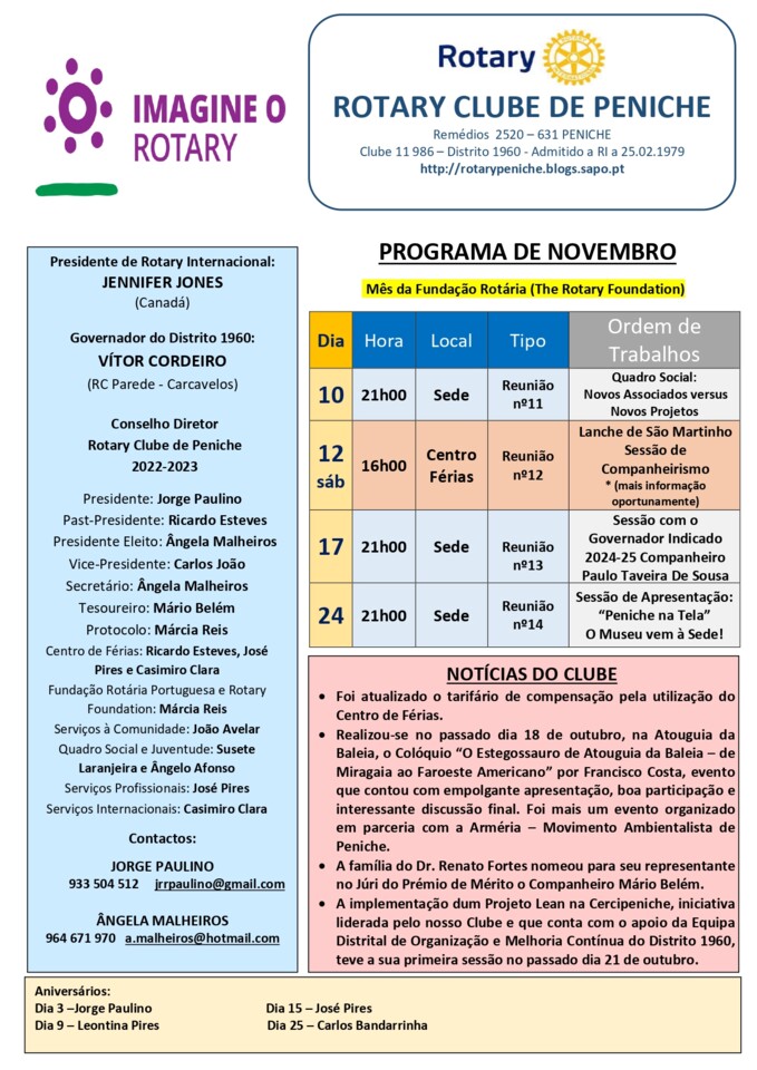 Programa de novembro do Rotary Clube de Peniche - 