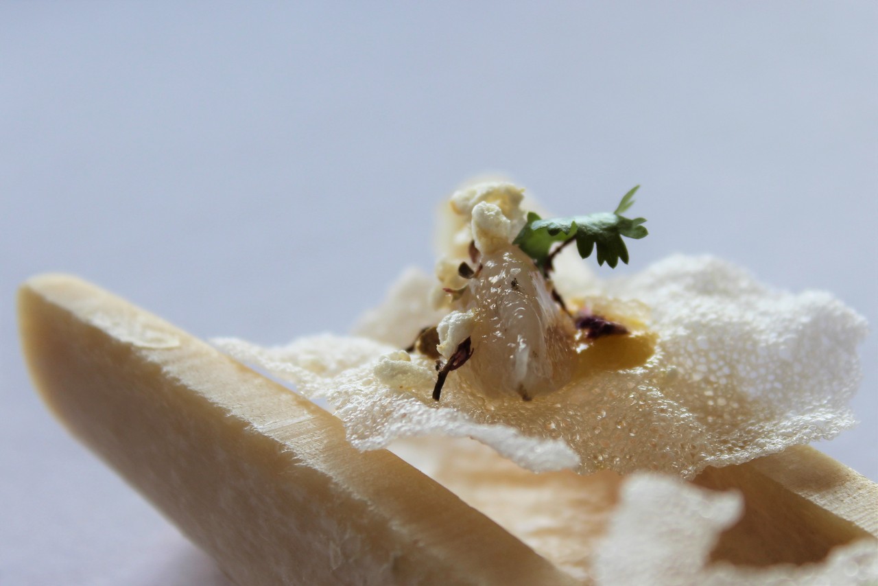 PORTA restaurante - Arroz crocante com tártaro de camarão, toranja e torresmos