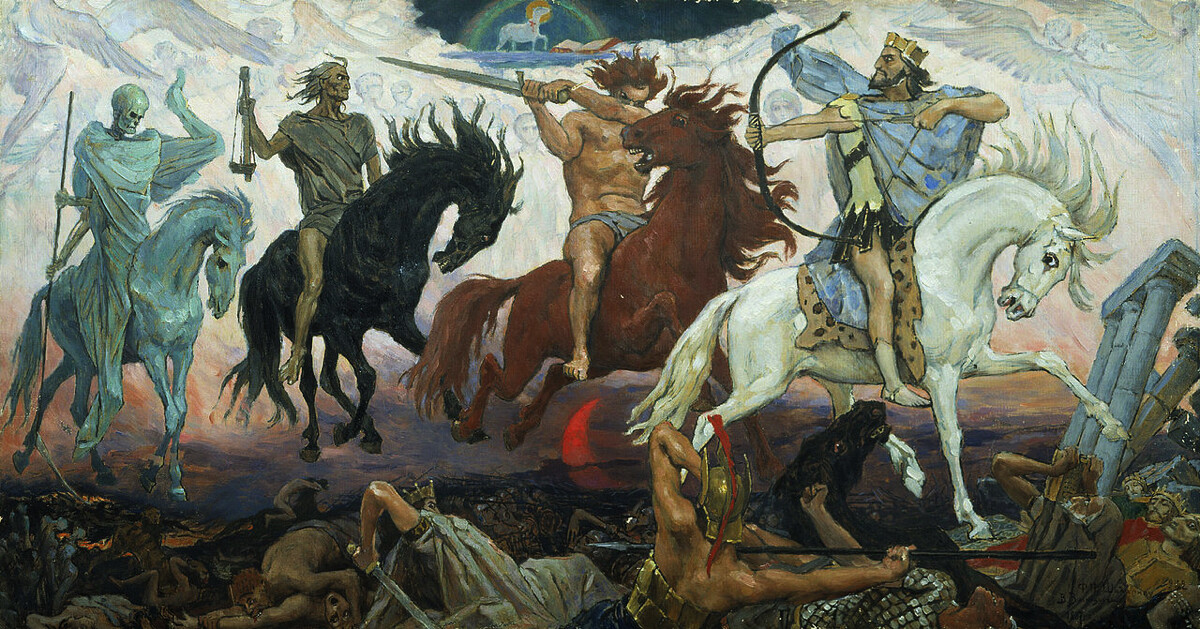 Four Horsemen of Apocalypse (1887). Oil on canvas, 72 x 136 cm (28.3 x 53.5 in). Glinka National Museum Consortium of Musical Culture, Moscow