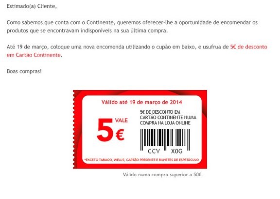 cupão de 5€ desconto | CONTINENTE | Online até 19 março