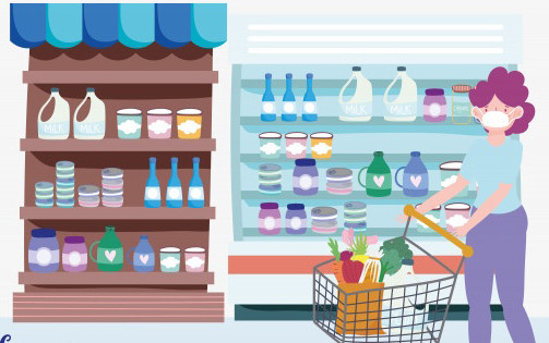 mulher-com-mascara-medica-e-carrinho-de-compras-no