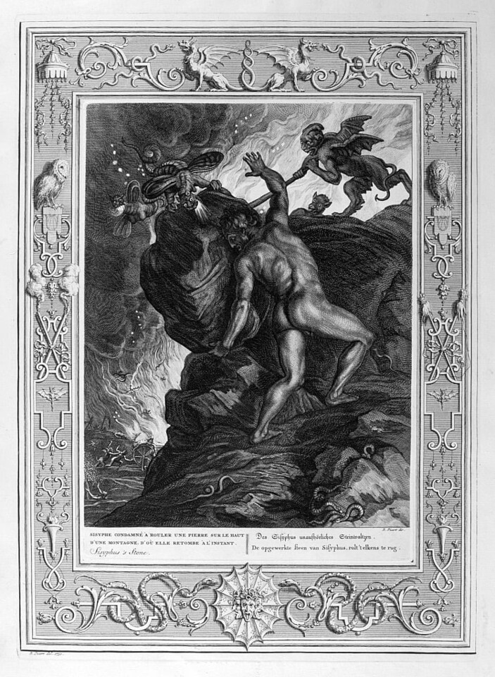 Bernard_Picart_-_Sisyphus_pushing_his_stone_up_a_m