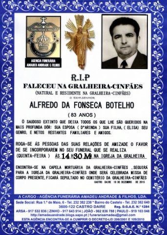 RIP- DE ALFREDO DA FONSECA  BOTELHO-83 ANOS(GRALHE