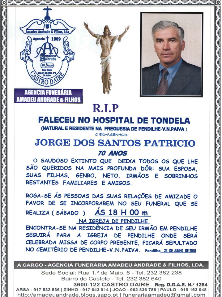 RIP- DE JORGE DOS SANTOS PATRICIO-7O ANOS(PENDILHE