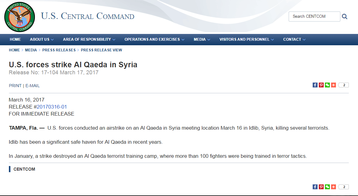 U.S. forces strike Al Qaeda in Syria, news release, US Central Comand