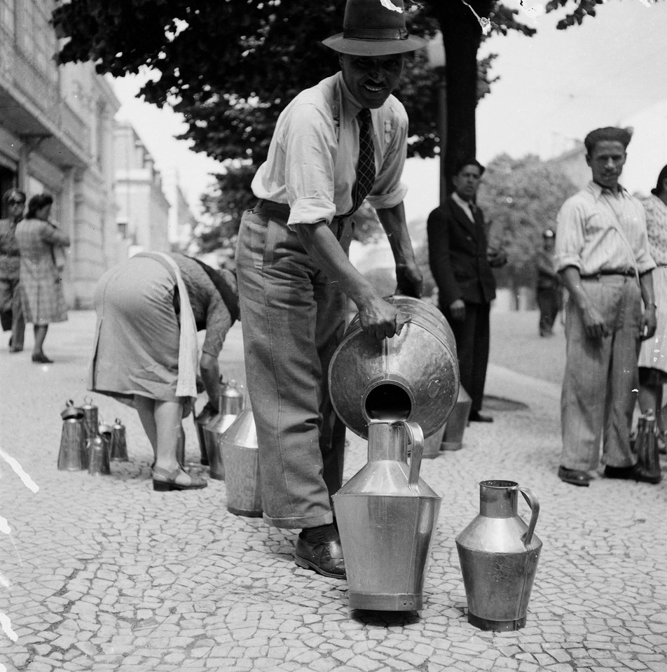 Distribuição de leite aos leiteiros, 1956, foto 