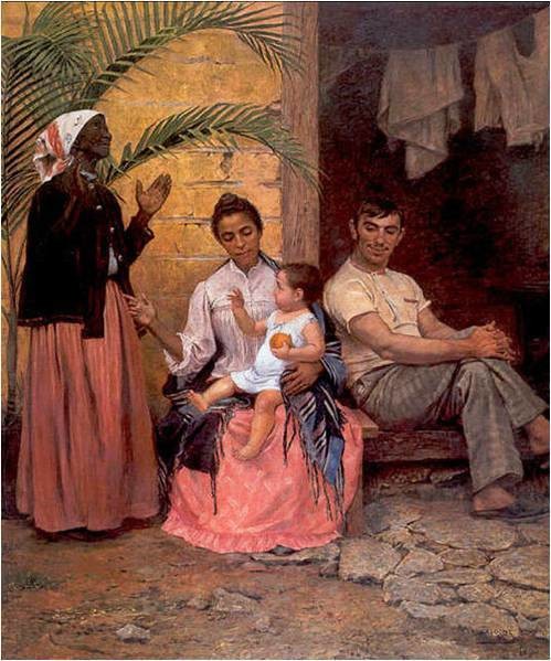 A Redenção de Can, 1895. De Modesto Brocos, no Museu Nacional de Belas Artes. A pintura é a ilustração da ideologia racista e religiosa da época e da “teoria do embranquecimento”. À esquerda, a avó agradece a Deus pelo neto de pele clara, livre portanto da “marca de Can”.