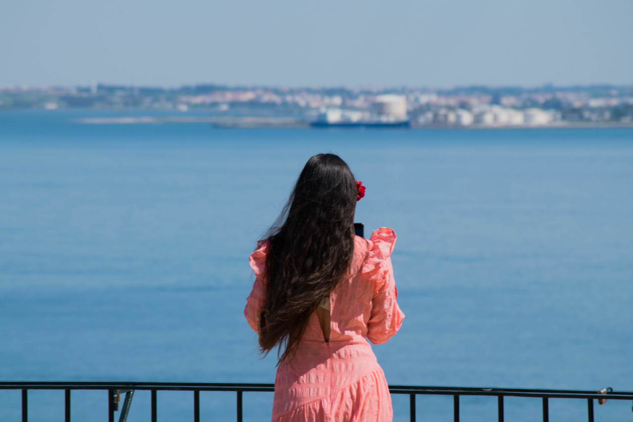 Uma mulher a observar o Tejo com um cravo atrás da orelha no Miradouro das Portas do Sol, Lisboa