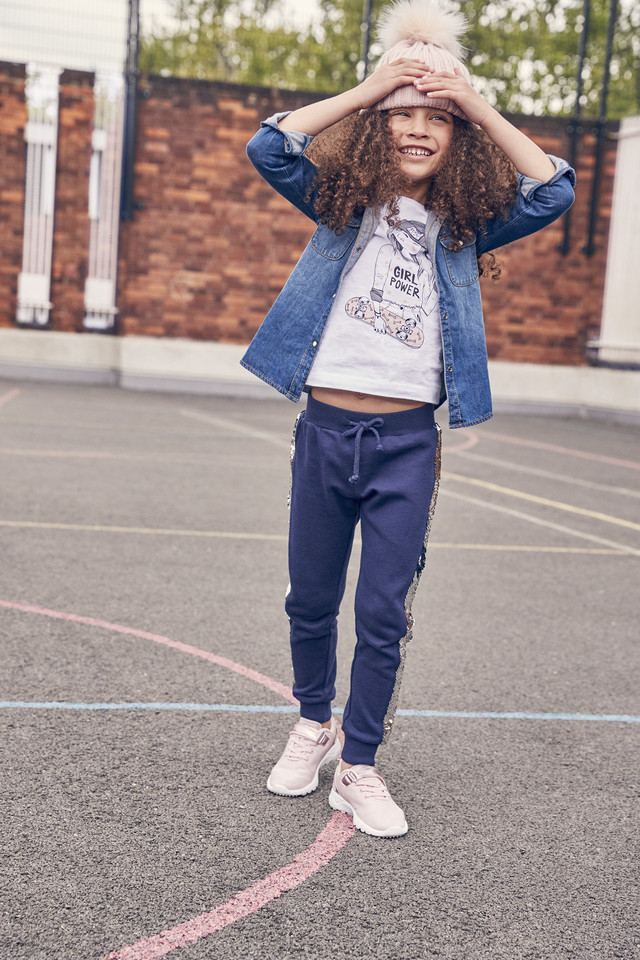 Beanie E3 $3.50, Denim Jacket E10 $10, Sequin Jogg