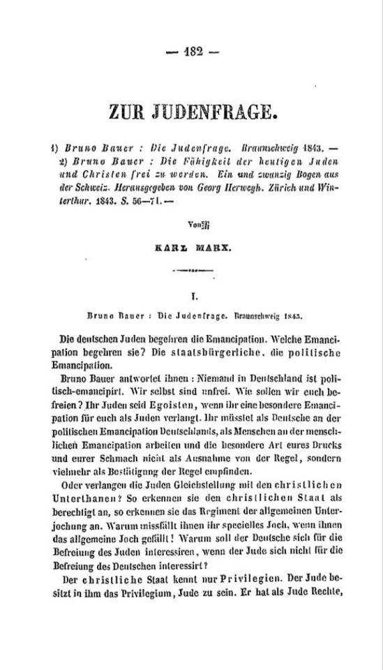 Anfang von „Zur Judenfrage“ in den Deutsch-französischen Jahrbüchern 1844, Seite 182