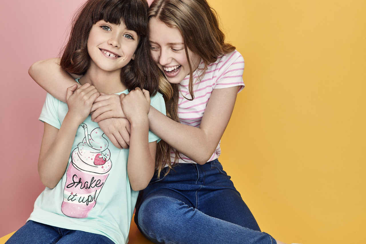 ICE CREAM TEE E2 $3, DENIM SHORTS E6.50, PINK STRI